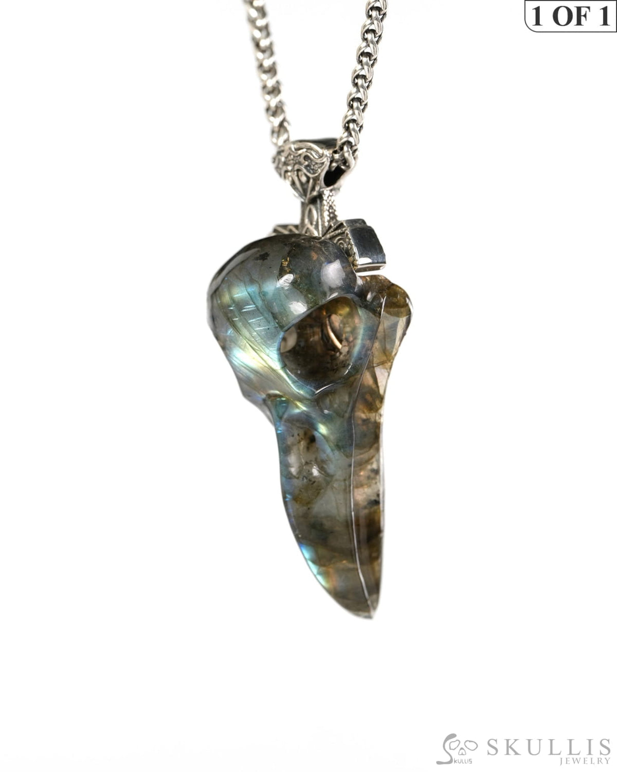 Raven Skull Hidden Sword - Gem Raven Skull Pendant Necklace of Labradorite Carved Raven Skull with Silver Sword