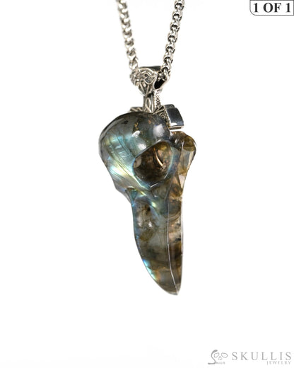 Raven Skull Hidden Sword - Gem Raven Skull Pendant Necklace of Labradorite Carved Raven Skull with Silver Sword