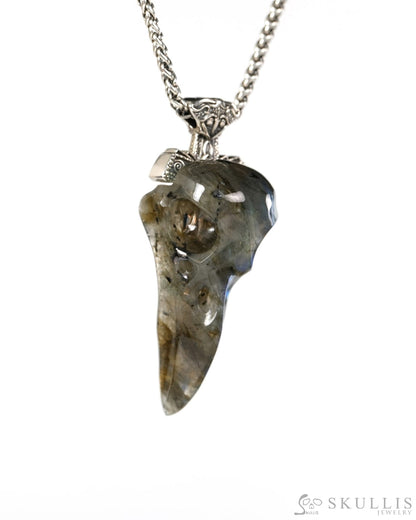 Raven Skull Hidden Sword - Gem Raven Skull Pendant Necklace of Labradorite Carved Raven Skull with Silver Sword