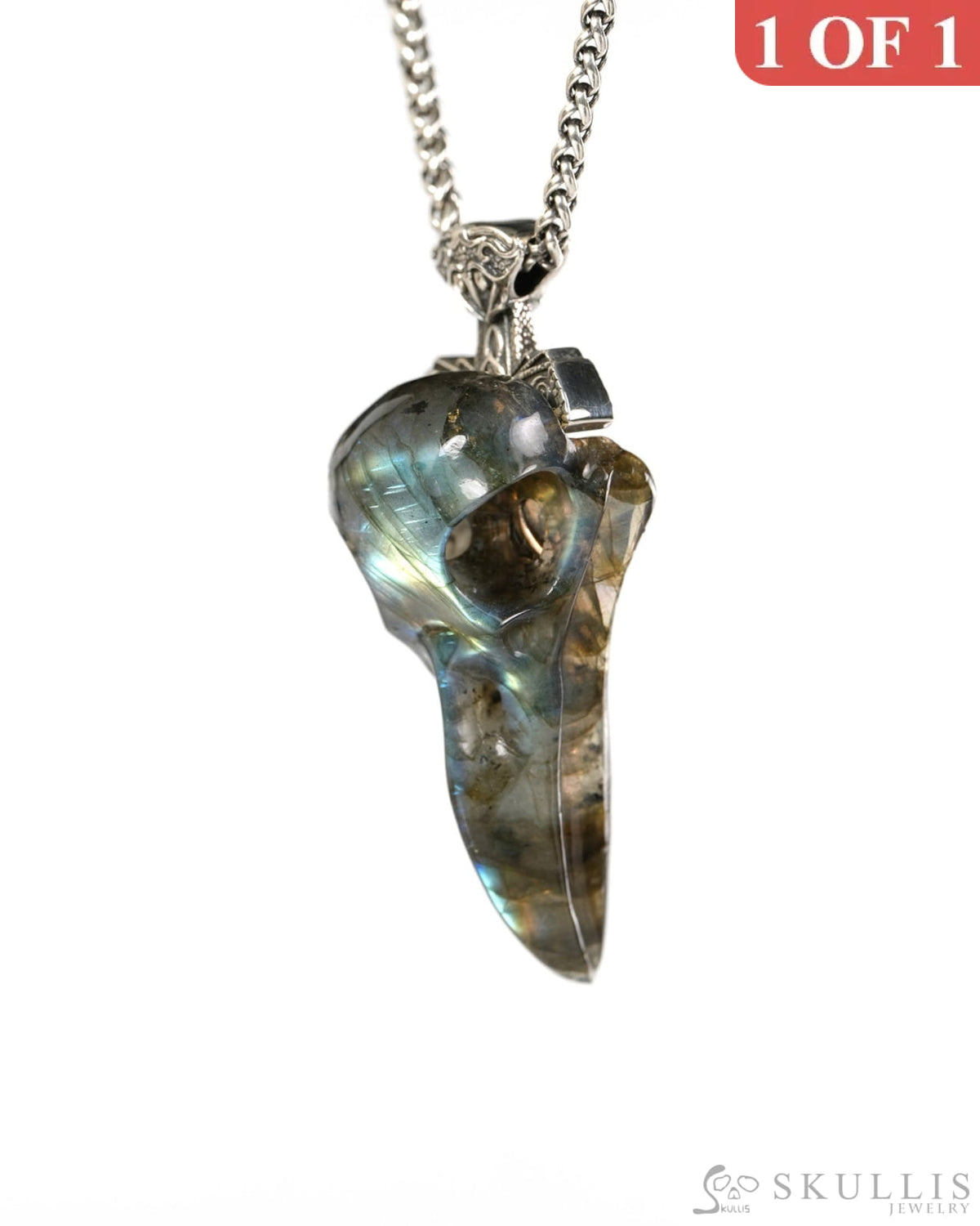Raven Skull Hidden Sword - Gem Raven Skull Pendant Necklace of Labradorite Carved Raven Skull with Silver Sword