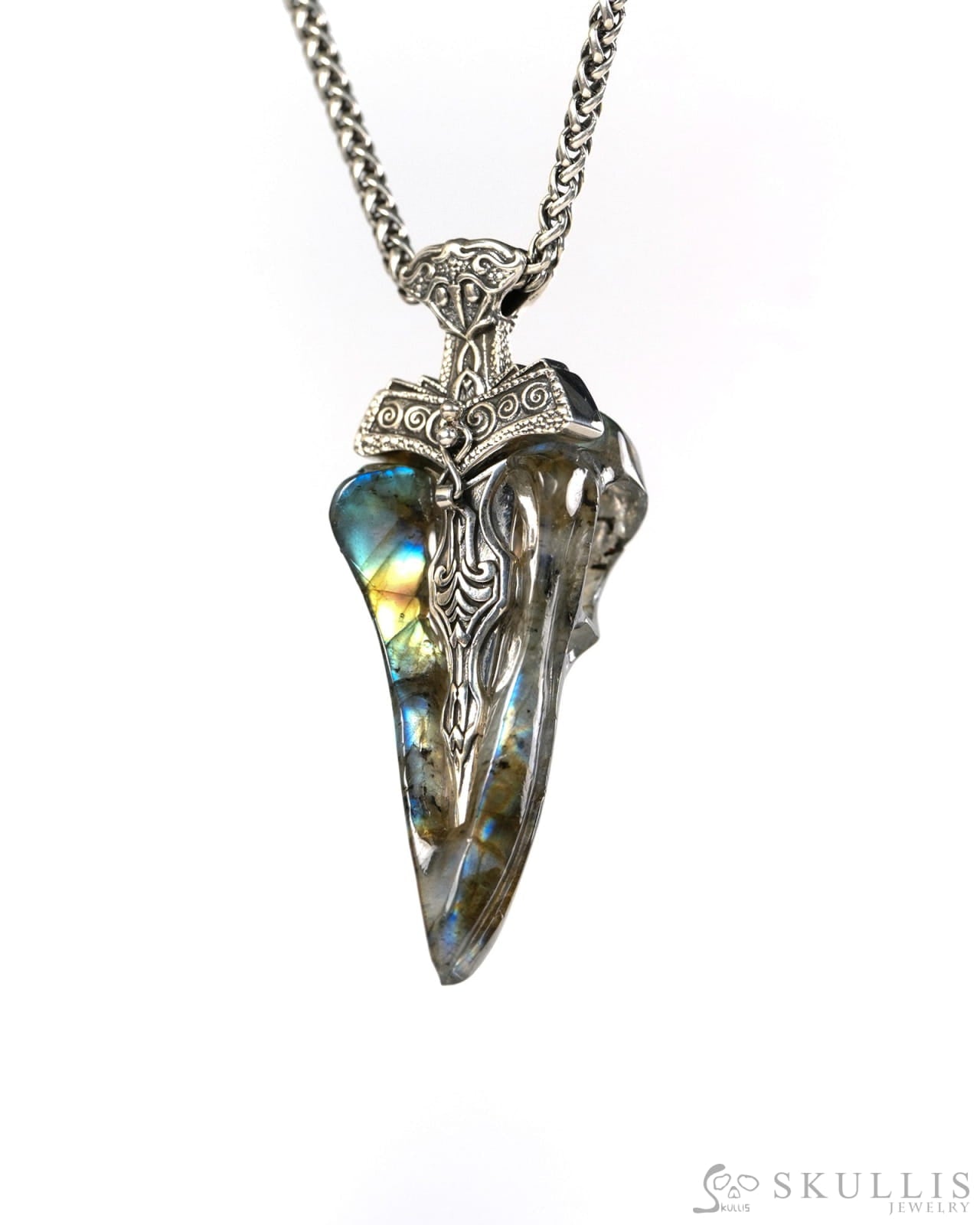 Raven Skull Hidden Sword - Gem Raven Skull Pendant Necklace of Labradorite Carved Raven Skull with Silver Sword