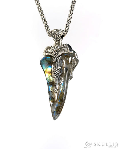 Raven Skull Hidden Sword - Gem Raven Skull Pendant Necklace of Labradorite Carved Raven Skull with Silver Sword
