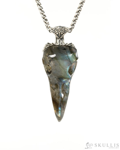 Raven Skull Hidden Sword - Gem Raven Skull Pendant Necklace of Labradorite Carved Raven Skull with Silver Sword