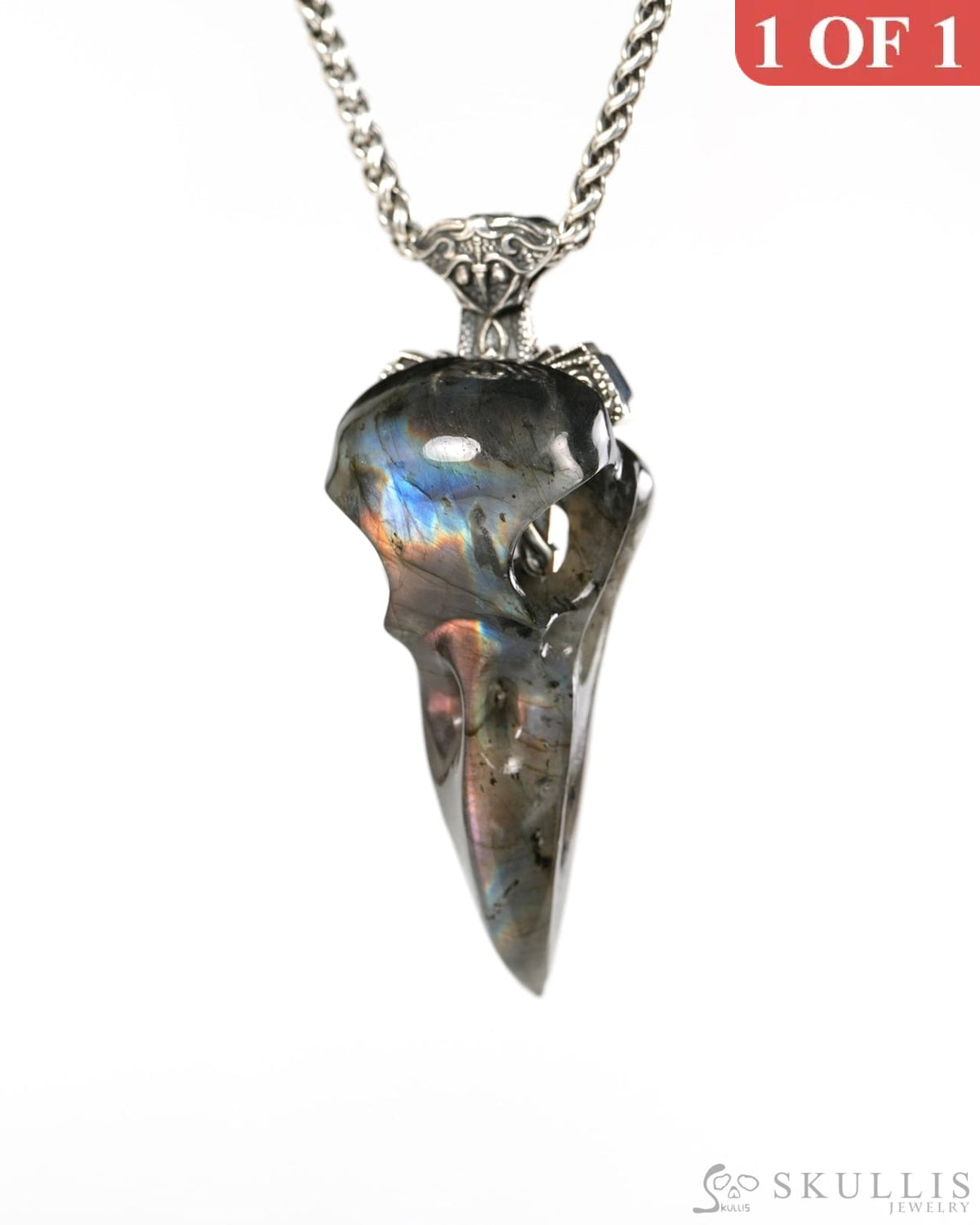 Raven Skull Hidden Sword - Gem Raven Skull Pendant Necklace of Labradorite Carved Raven Skull with Silver Sword