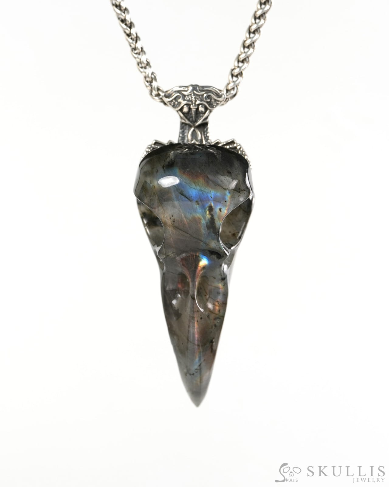 Raven Skull Hidden Sword - Gem Raven Skull Pendant Necklace of Labradorite Carved Raven Skull with Silver Sword