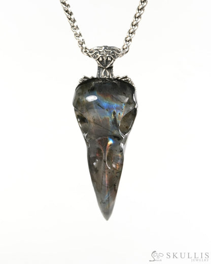 Raven Skull Hidden Sword - Gem Raven Skull Pendant Necklace of Labradorite Carved Raven Skull with Silver Sword