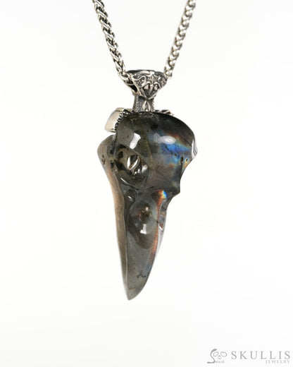 Raven Skull Hidden Sword - Gem Raven Skull Pendant Necklace of Labradorite Carved Raven Skull with Silver Sword