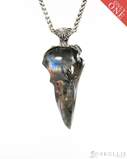 Raven Skull Hidden Sword - Gem Raven Skull Pendant Necklace of Labradorite Carved Raven Skull with Silver Sword