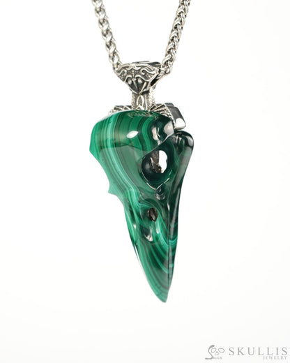 Raven Skull Hidden Sword - Gem Raven Skull Pendant Necklace of Malachite Carved Raven Skull with Silver Sword Necklace-