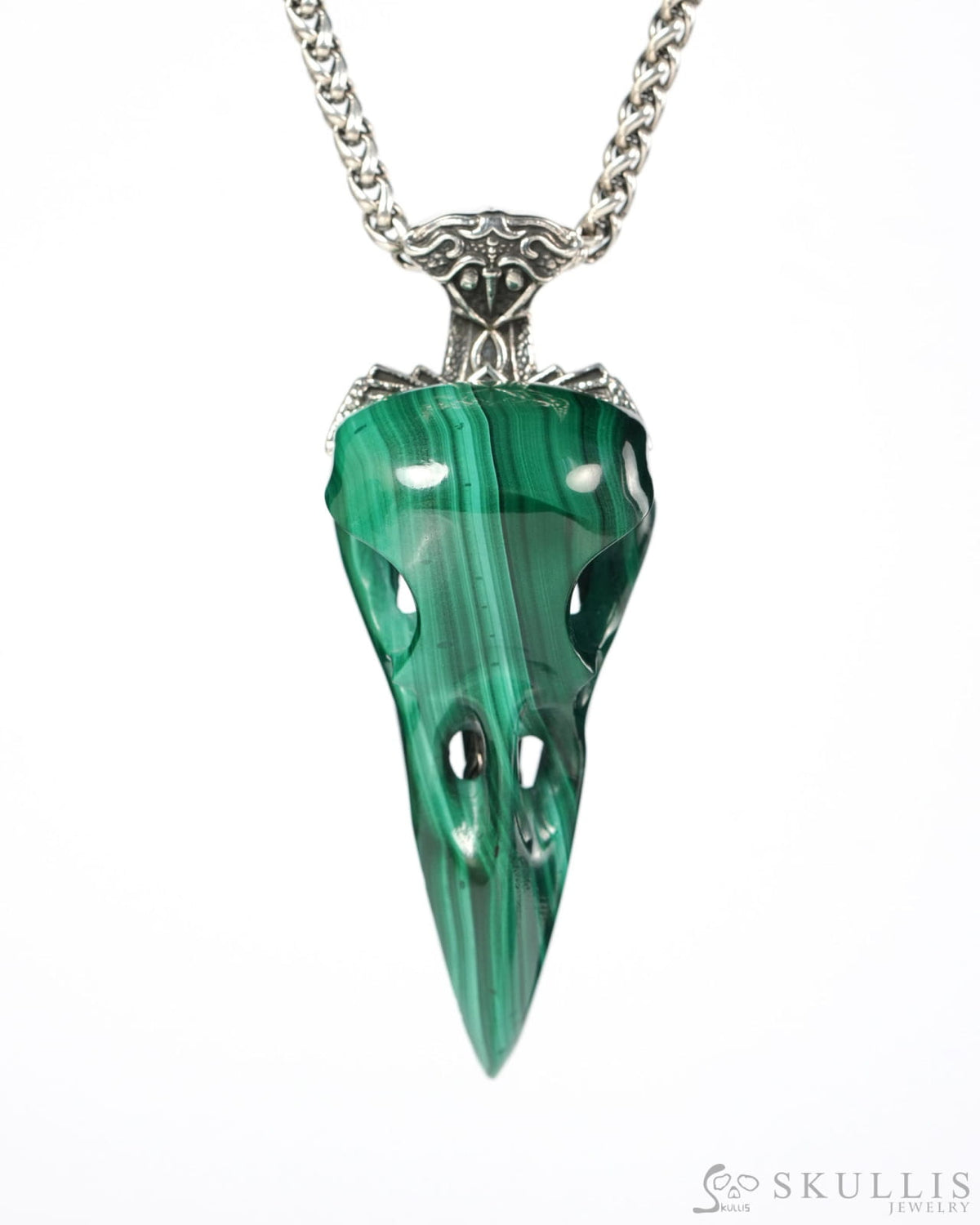 Raven Skull Hidden Sword - Gem Raven Skull Pendant Necklace of Malachite Carved Raven Skull with Silver Sword Necklace-