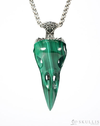 Raven Skull Hidden Sword - Gem Raven Skull Pendant Necklace of Malachite Carved Raven Skull with Silver Sword Necklace-