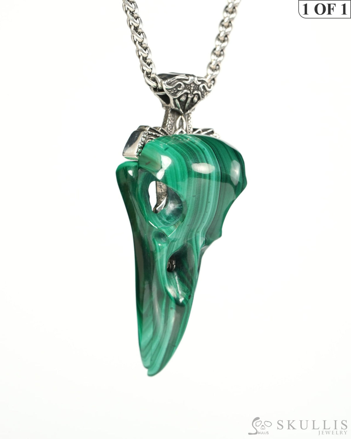 Raven Skull Hidden Sword - Gem Raven Skull Pendant Necklace of Malachite Carved Raven Skull with Silver Sword Necklace-