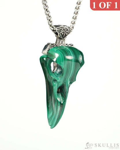 Raven Skull Hidden Sword - Gem Raven Skull Pendant Necklace of Malachite Carved Raven Skull with Silver Sword Necklace-