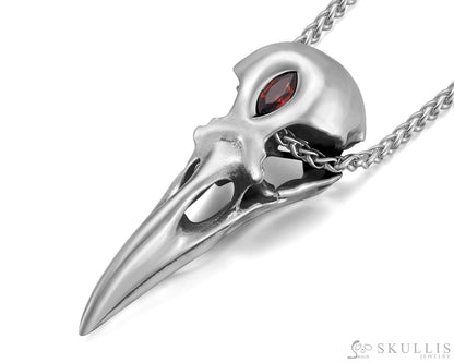 Raven Skull Pendant Necklace of 925 Sterling Silver with Garnet Inlay Skull Pendants