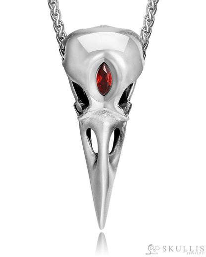Raven Skull Pendant Necklace of 925 Sterling Silver with Garnet Inlay Skull Pendants