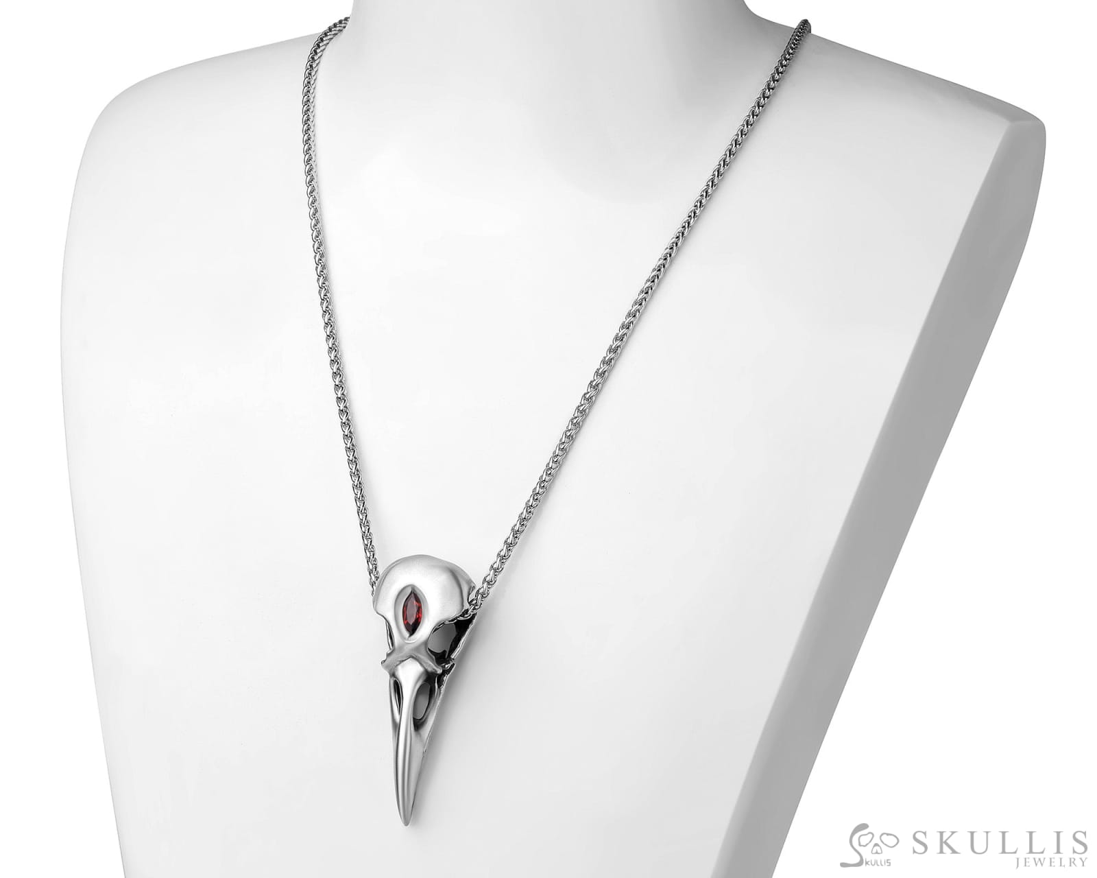 Raven Skull Pendant Necklace of 925 Sterling Silver with Garnet Inlay Skull Pendants