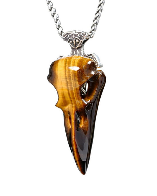 Raven Skull Hidden Sword - Gem Raven Skull Pendant Necklace of Gold Tiger's Eye Carved Raven Skull with Silver Sword Necklace