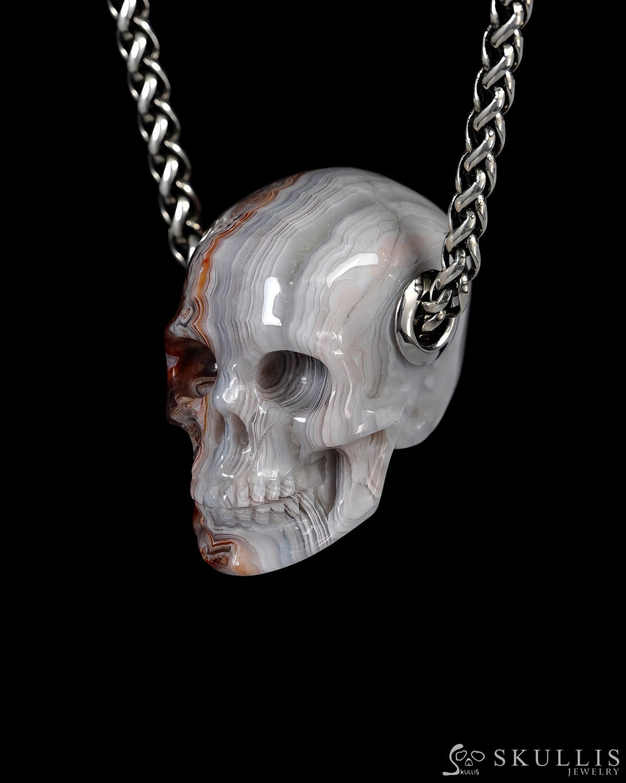 Scarlet Rose - Skullis Signature Red Crazy Lace Agate Gem Skull Pendant or Necklace Hand Carved for Women & Men