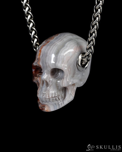 Scarlet Rose - Skullis Signature Red Crazy Lace Agate Gem Skull Pendant or Necklace Hand Carved for Women & Men