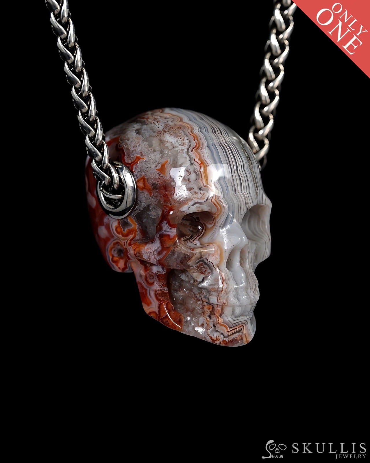 Scarlet Rose - Skullis Signature Red Crazy Lace Agate Gem Skull Pendant or Necklace Hand Carved for Women & Men