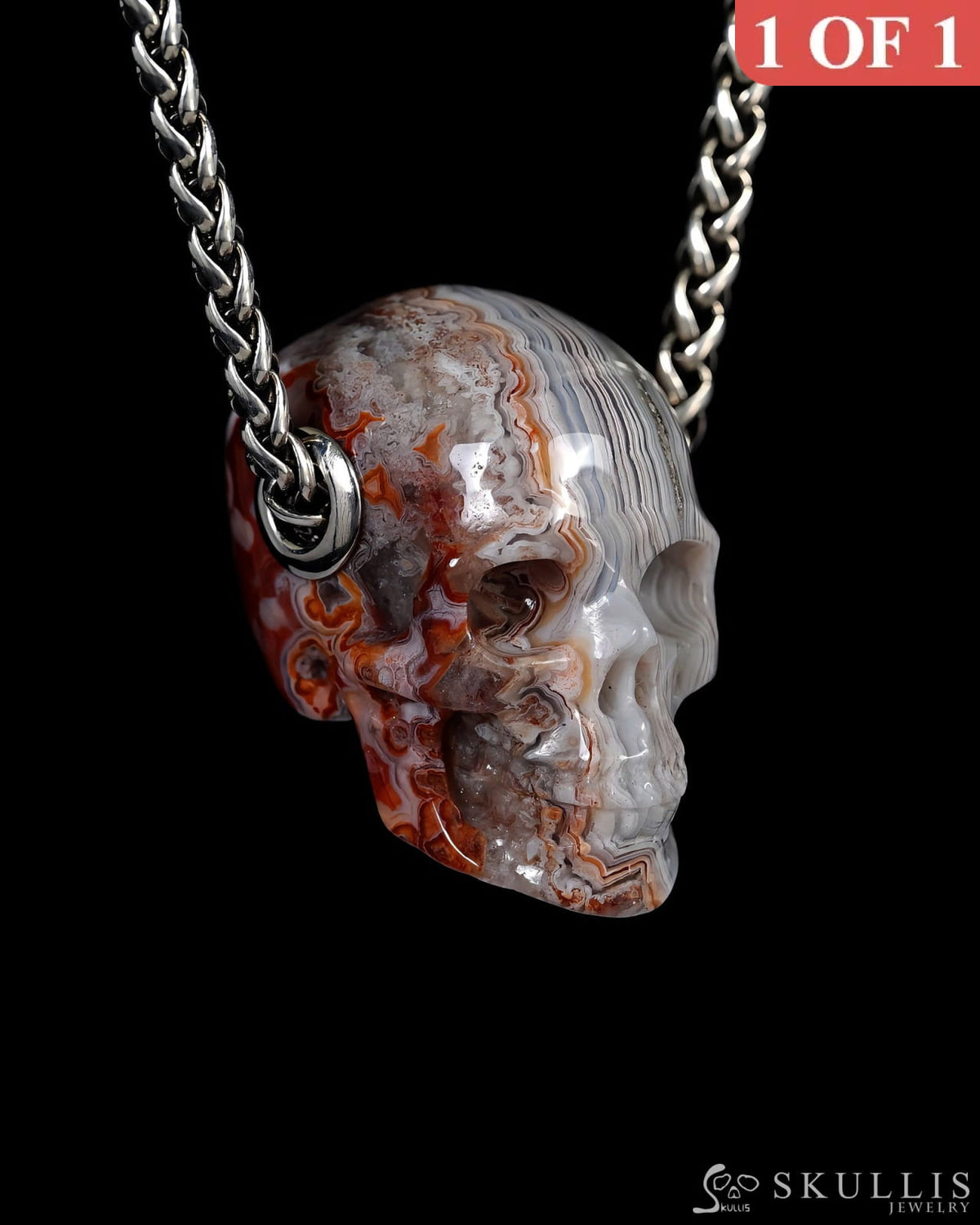 Scarlet Rose - Skullis Signature Red Crazy Lace Agate Gem Skull Pendant or Necklace Hand Carved for Women & Men
