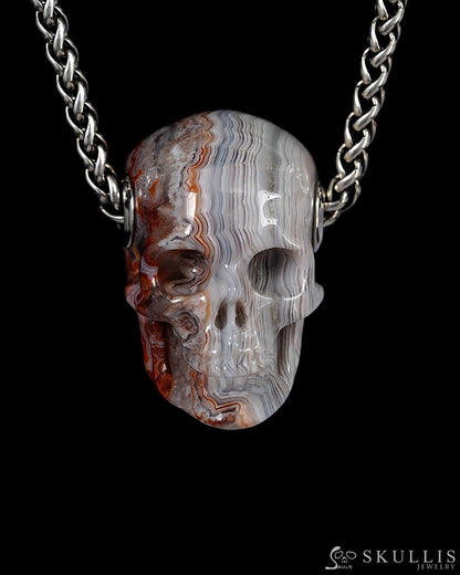 Scarlet Rose - Skullis Signature Red Crazy Lace Agate Gem Skull Pendant or Necklace Hand Carved for Women & Men