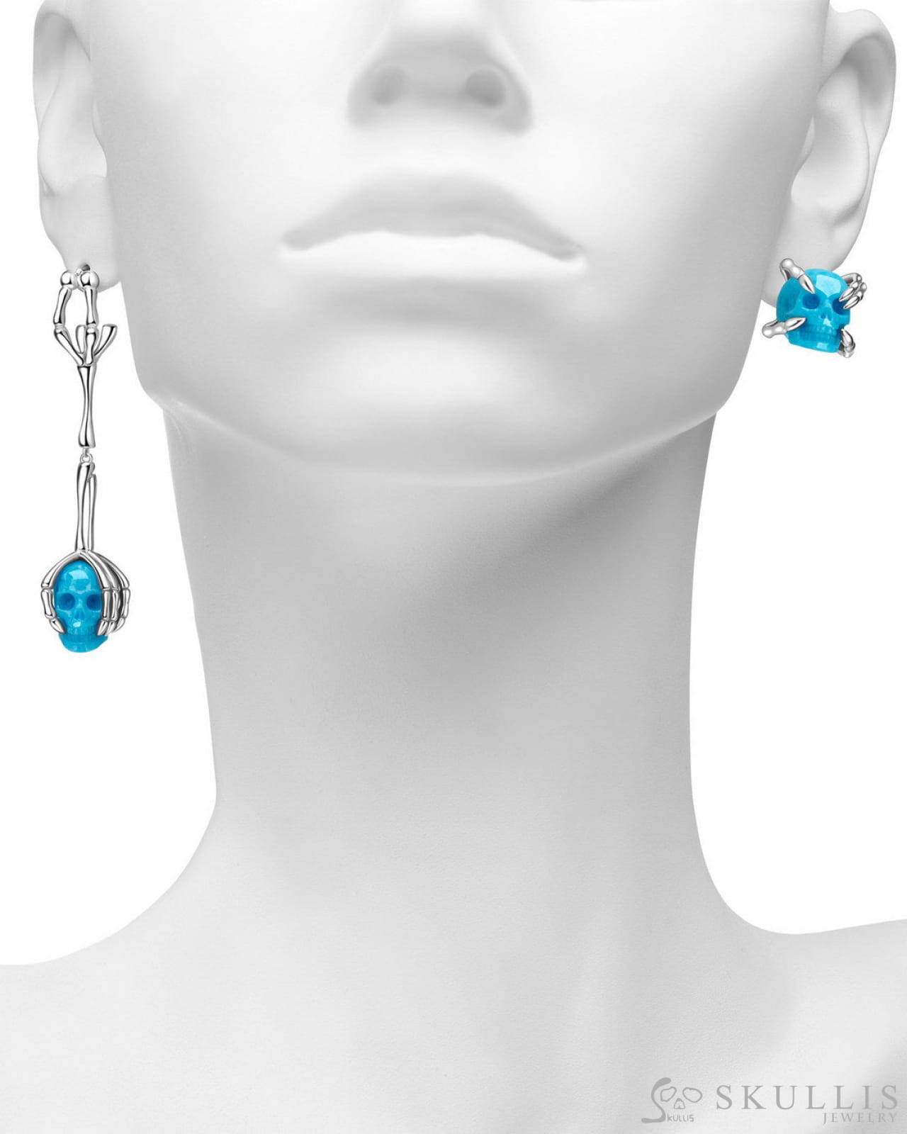 Gem Skull Earrings of American Turquoise Carved Skull 925 Sterling Silver Skull Earrings