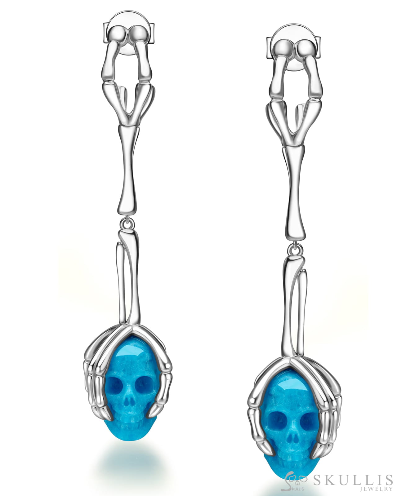 Gem Skull Earrings of American Turquoise Carved Skull 925 Sterling Silver Skull Earrings