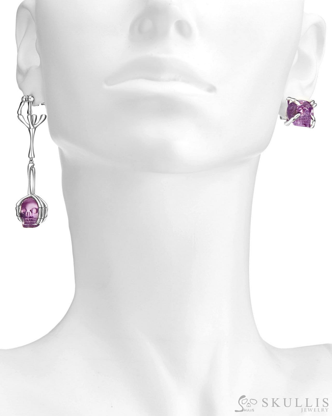 Gem Skull Earrings of Amethyst Carved Skull in 925 Sterling Silver Skull Earrings