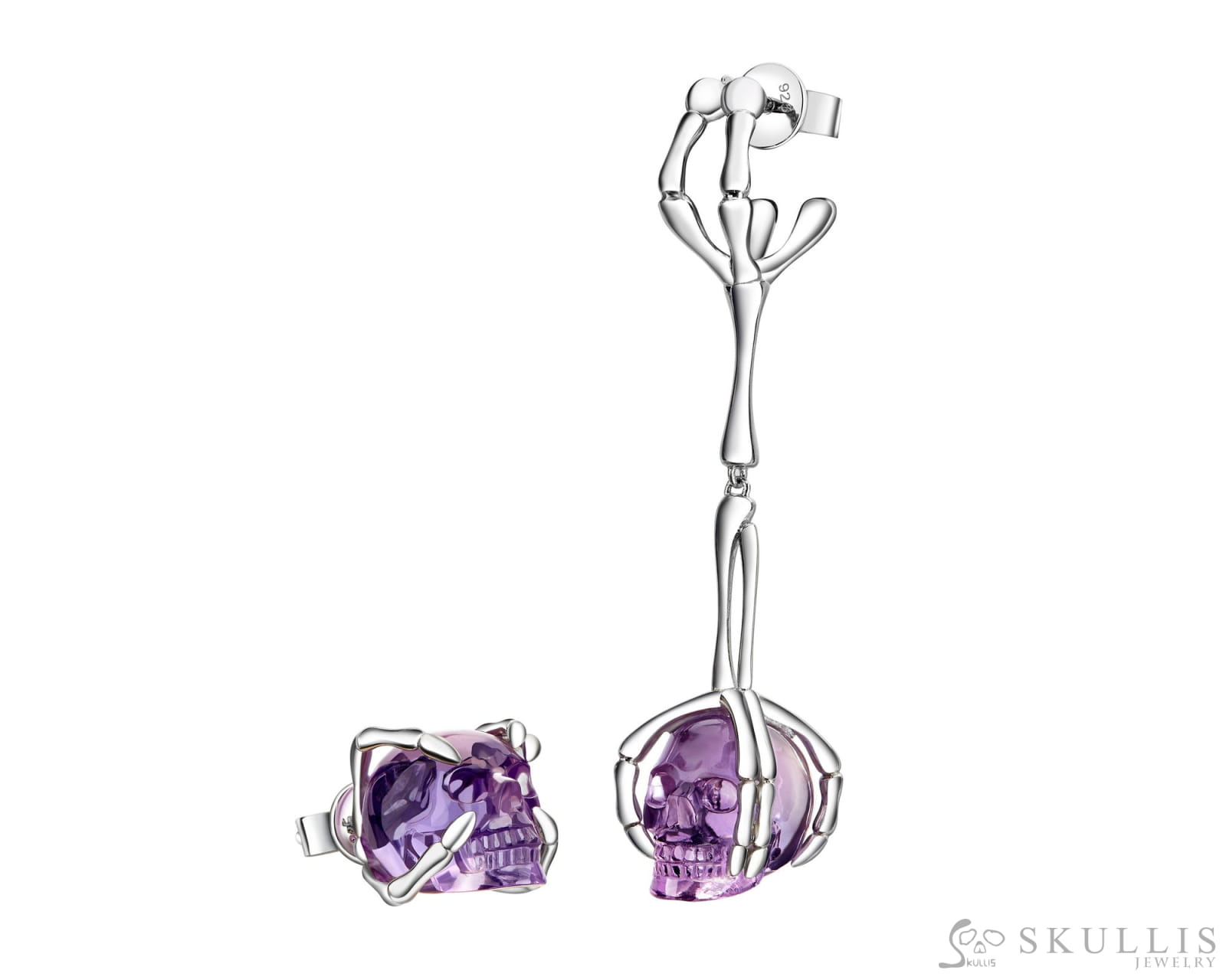 Gem Skull Earrings of Amethyst Carved Skull in 925 Sterling Silver Skull Earrings