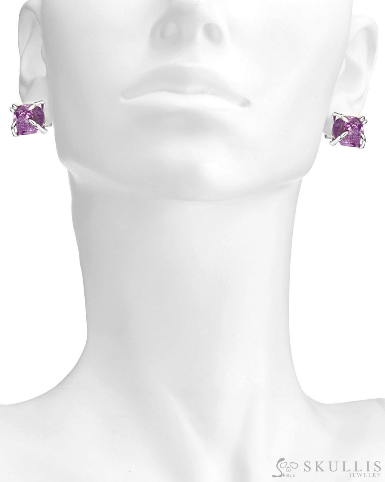 Gem Skull Earrings of Amethyst Carved Skull in 925 Sterling Silver Skull Earrings