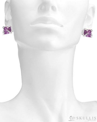 Gem Skull Earrings of Amethyst Carved Skull in 925 Sterling Silver Skull Earrings