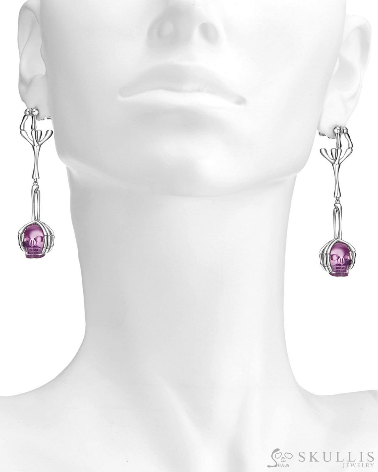 Gem Skull Earrings of Amethyst Carved Skull in 925 Sterling Silver Skull Earrings