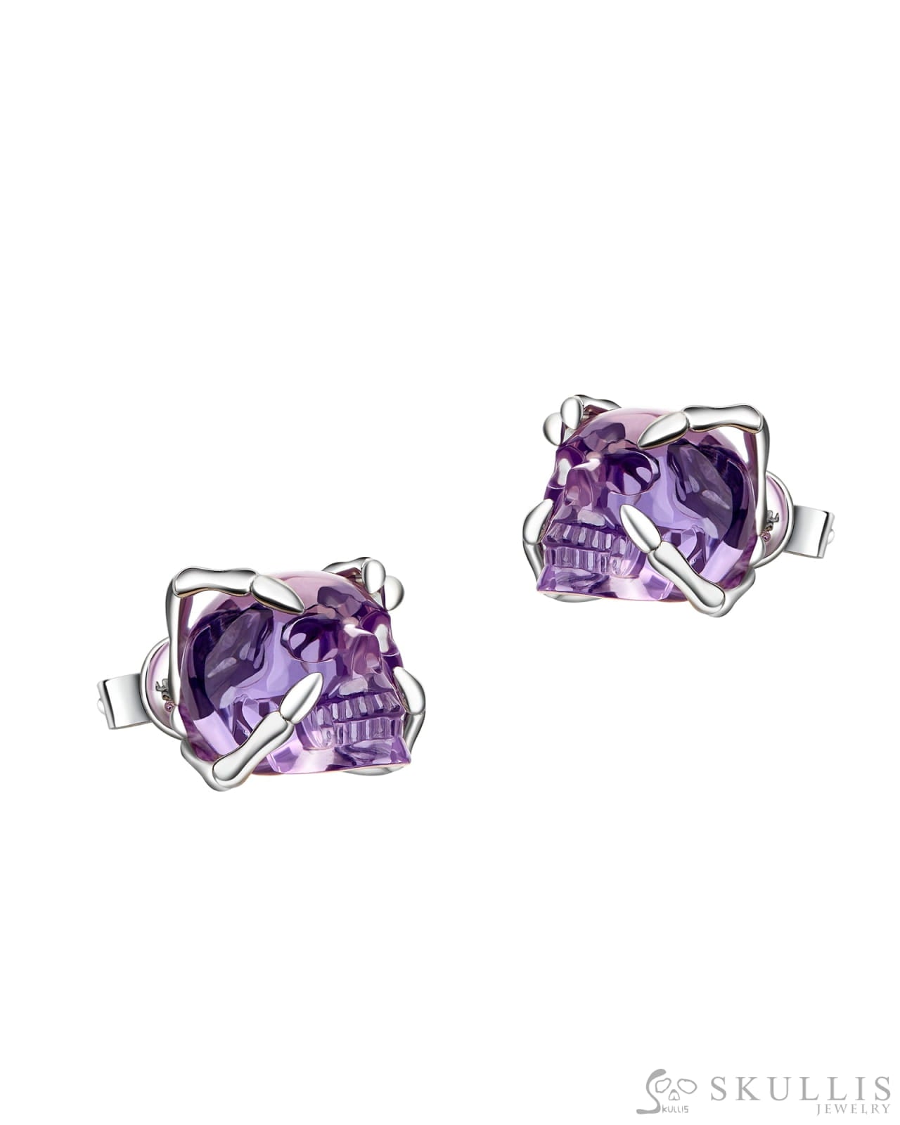 Gem Skull Earrings of Amethyst Carved Skull in 925 Sterling Silver Skull Earrings