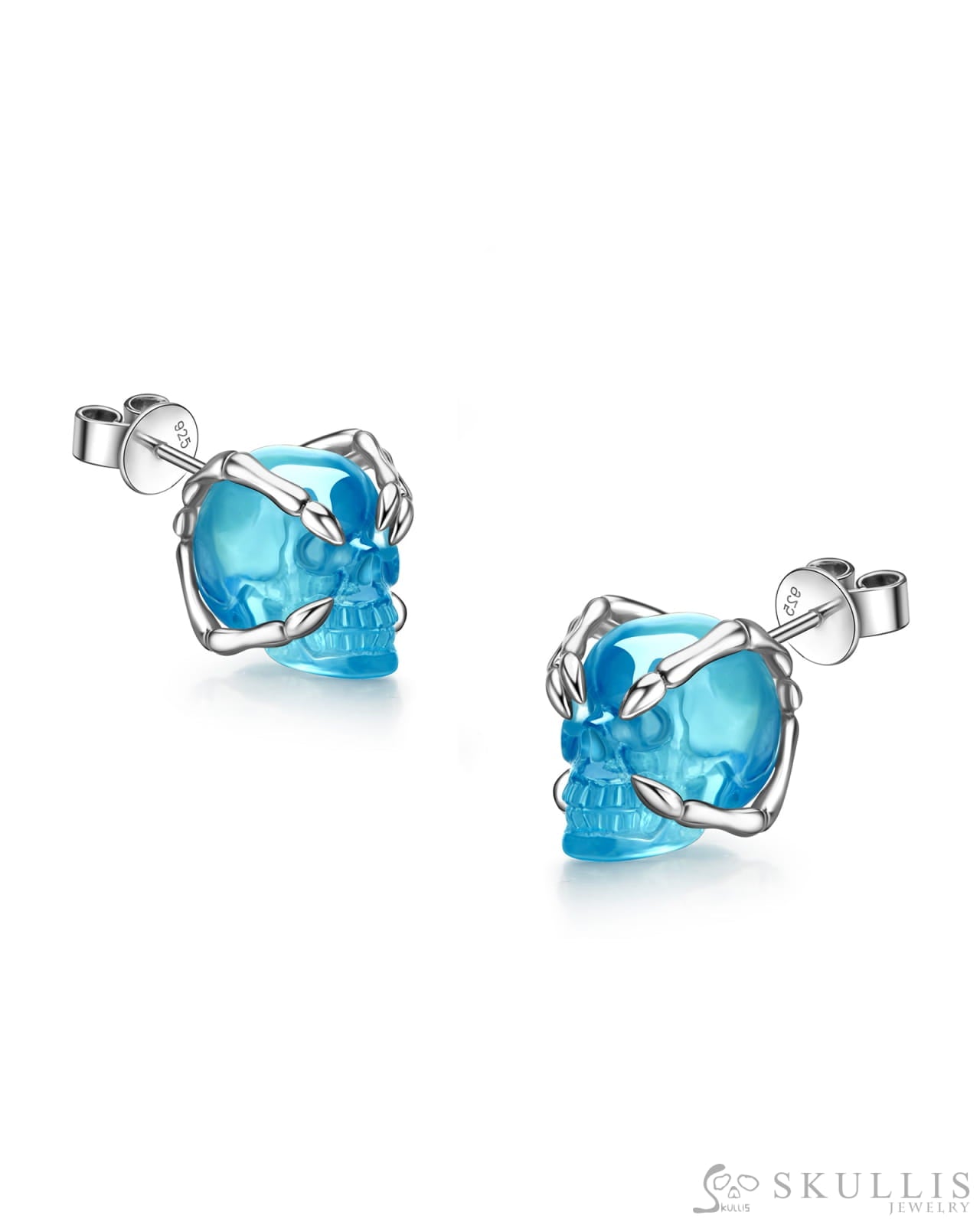 Gem Skull Earrings of Aquamarine Carved Skull in 925 Sterling Silver Skull Earrings