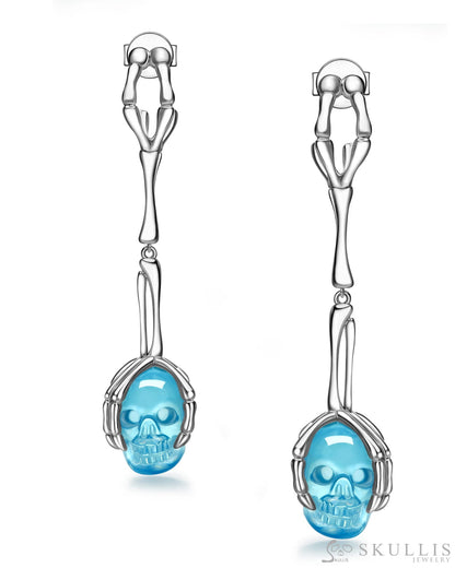 Gem Skull Earrings of Aquamarine Carved Skull in 925 Sterling Silver Skull Earrings