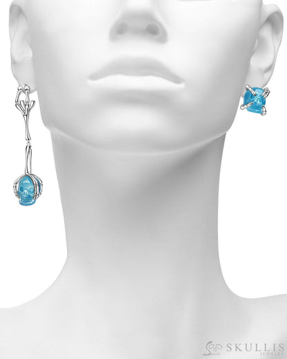 Gem Skull Earrings of Aquamarine Carved Skull in 925 Sterling Silver Skull Earrings