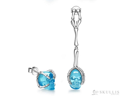 Gem Skull Earrings of Aquamarine Carved Skull in 925 Sterling Silver Skull Earrings