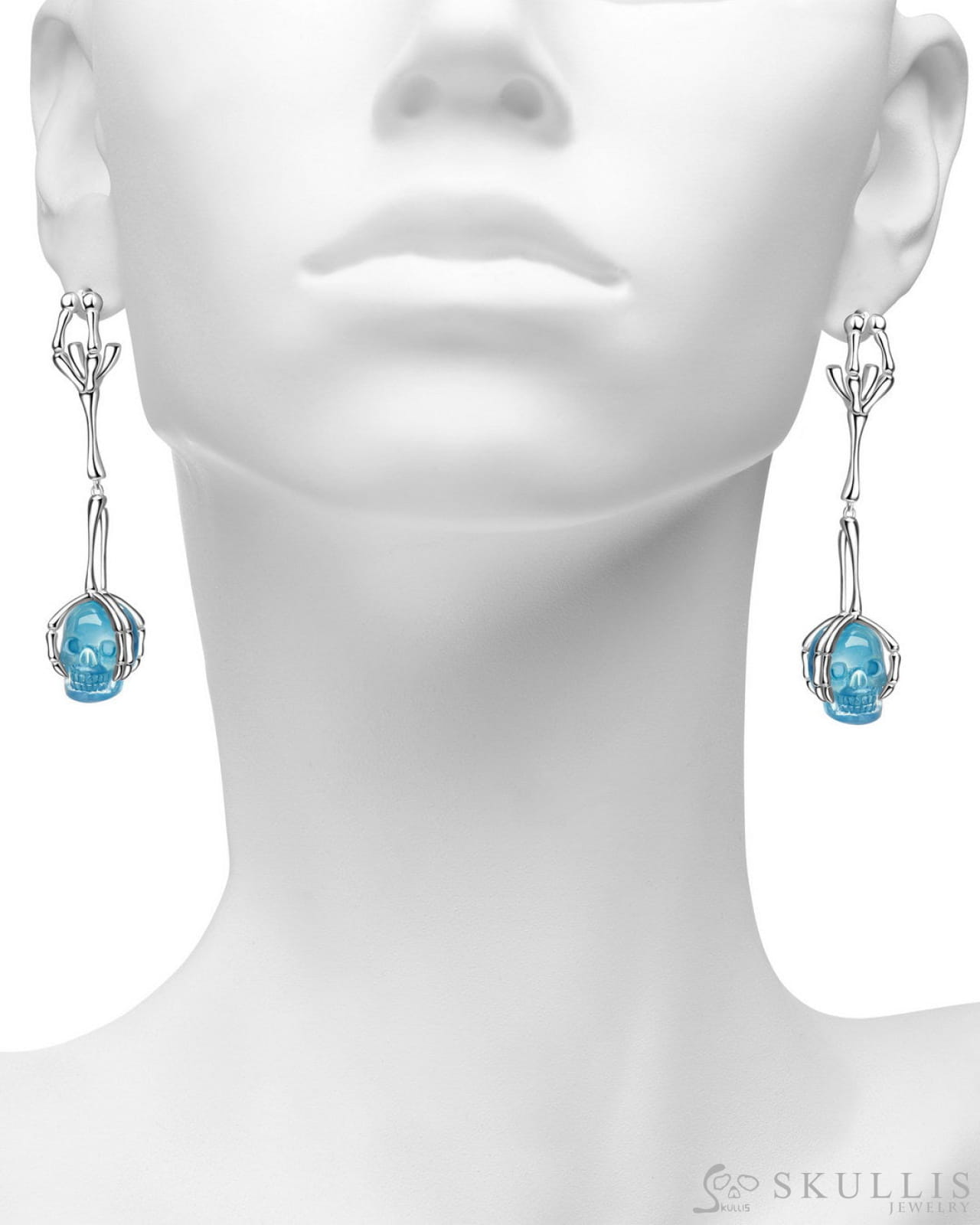 Gem Skull Earrings of Aquamarine Carved Skull in 925 Sterling Silver Skull Earrings