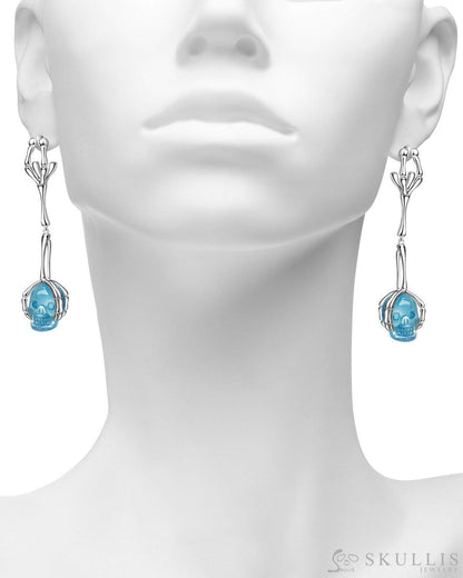 Gem Skull Earrings of Aquamarine Carved Skull in 925 Sterling Silver Skull Earrings