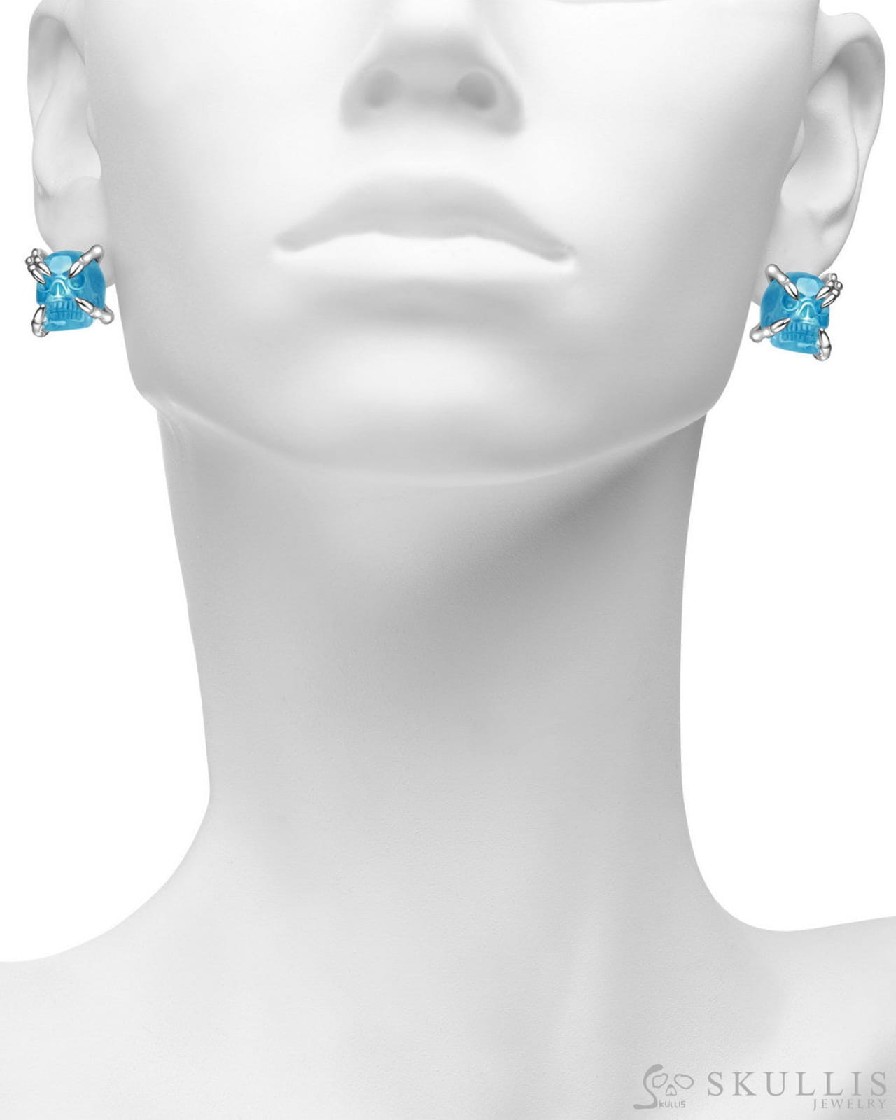 Gem Skull Earrings of Aquamarine Carved Skull in 925 Sterling Silver Skull Earrings