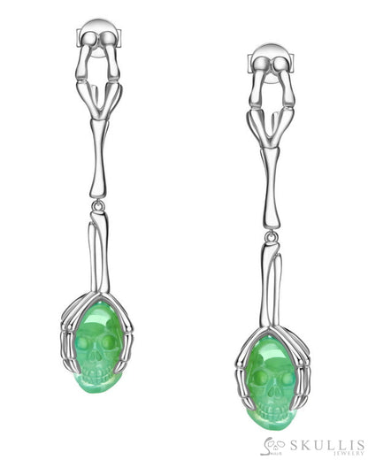 Gem Skull Earrings of Chrysoprase Carved Skull in 925 Sterling Silver Long Pair Skull Earrings