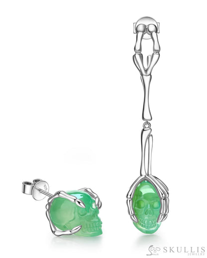 Skeleton’s Touch-Gem Skull Earrings of Chrysoprase Carved Skull in 925 Sterling Silver Skull Earrings