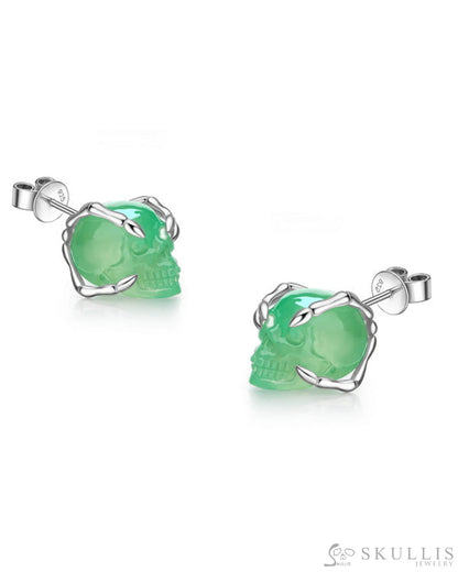 Gem Skull Earrings of Chrysoprase Carved Skull in 925 Sterling Silver Short Pair Skull Earrings