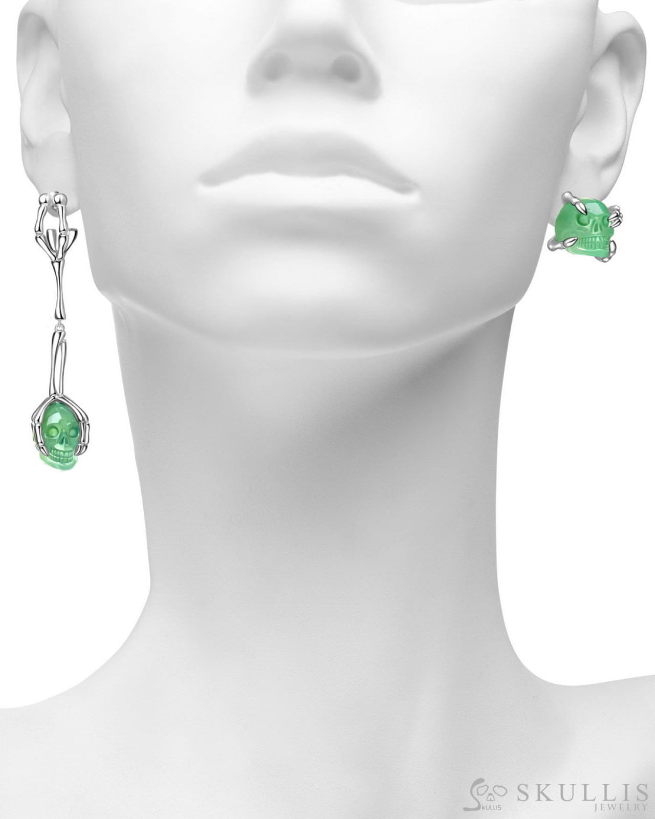 Gem Skull Earrings of Chrysoprase Carved Skull in 925 Sterling Silver Skull Earrings