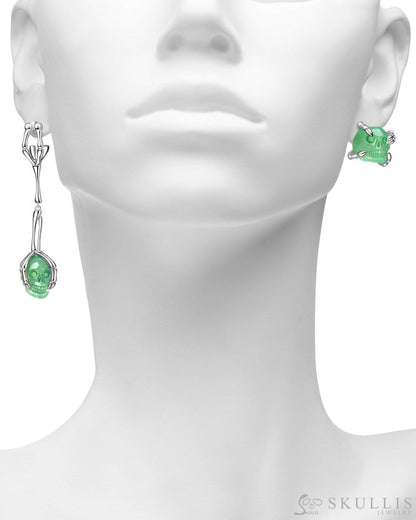 Gem Skull Earrings of Chrysoprase Carved Skull in 925 Sterling Silver Skull Earrings