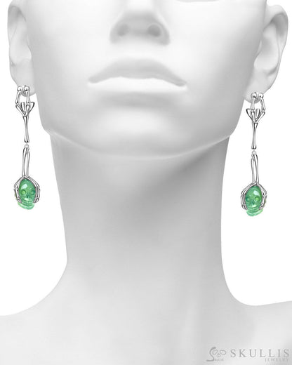 Gem Skull Earrings of Chrysoprase Carved Skull in 925 Sterling Silver Skull Earrings