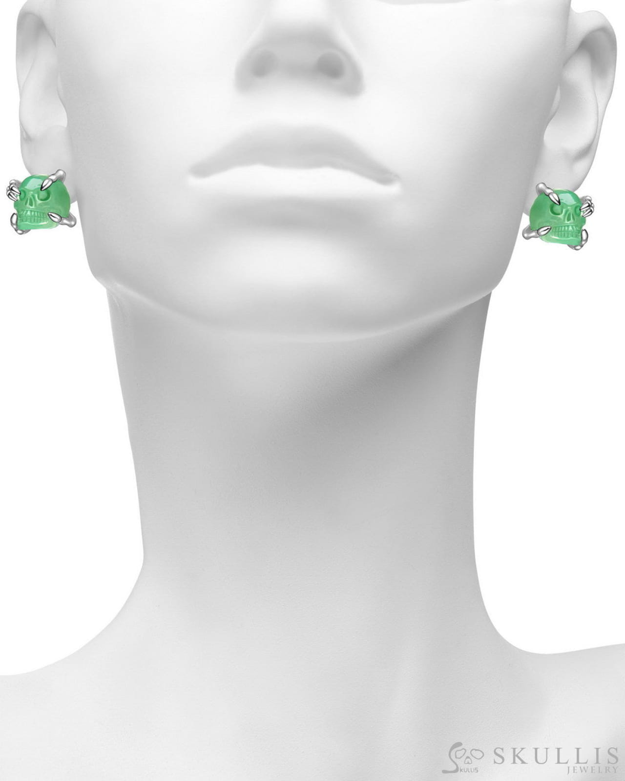 Gem Skull Earrings of Chrysoprase Carved Skull in 925 Sterling Silver Skull Earrings