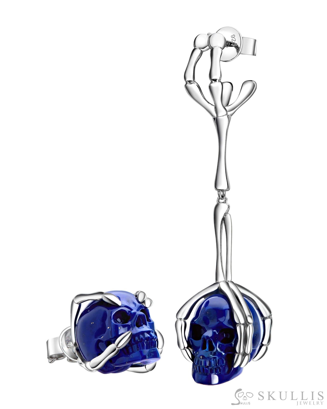 Gem Skull Earrings of Lapis Lazuli Carved Skull in 925 Sterling Silver Skull Earrings