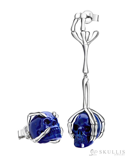 Gem Skull Earrings of Lapis Lazuli Carved Skull in 925 Sterling Silver Skull Earrings